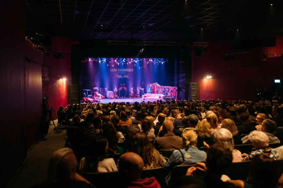 A packed theatre crowd watching a comedy special being filmed