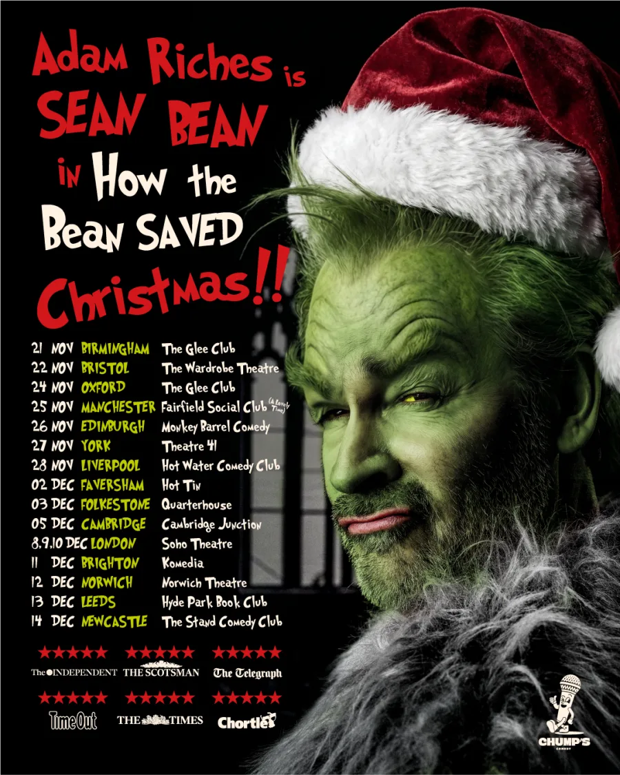 Tour poster for Adam Riches is Sean Bean — How the Bean Saved Christmas: a festive green Bean beside the UK date list