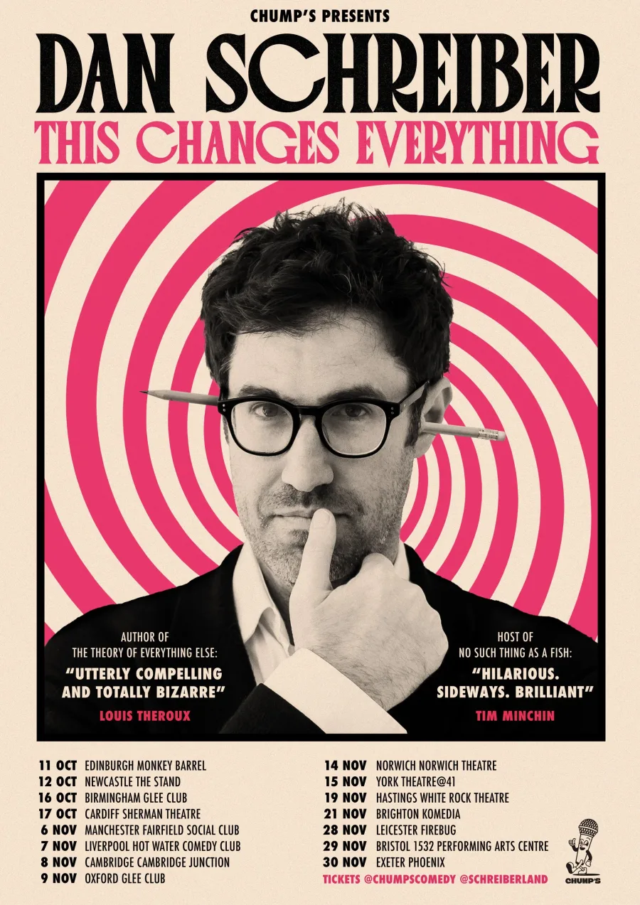Tour poster for Dan Schreiber — This Changes Everything: a pencil-propped portrait in front of a pink hypnotic spiral