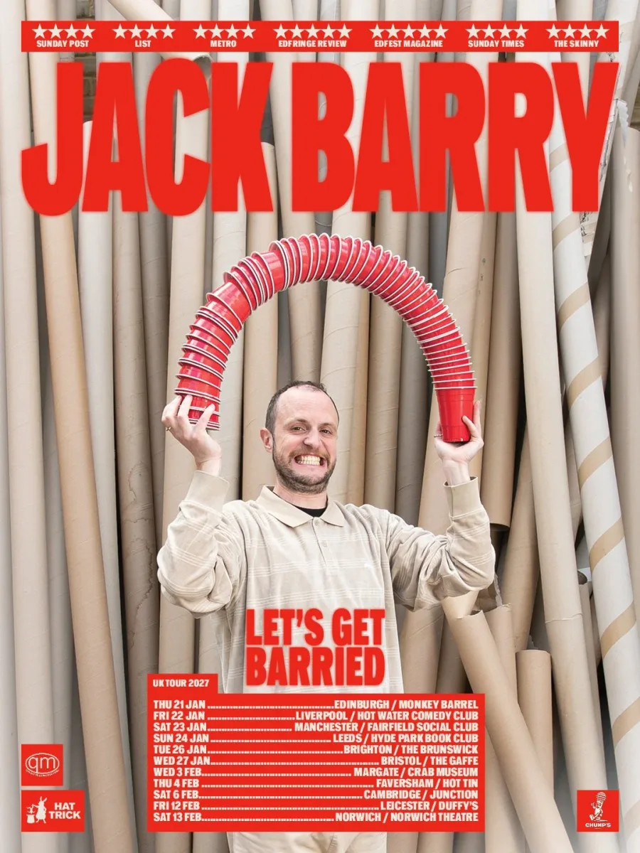 Tour poster for Jack Barry — Let’s Get Barried: Jack stretches a concertina of red party cups over a pile of rolled posters